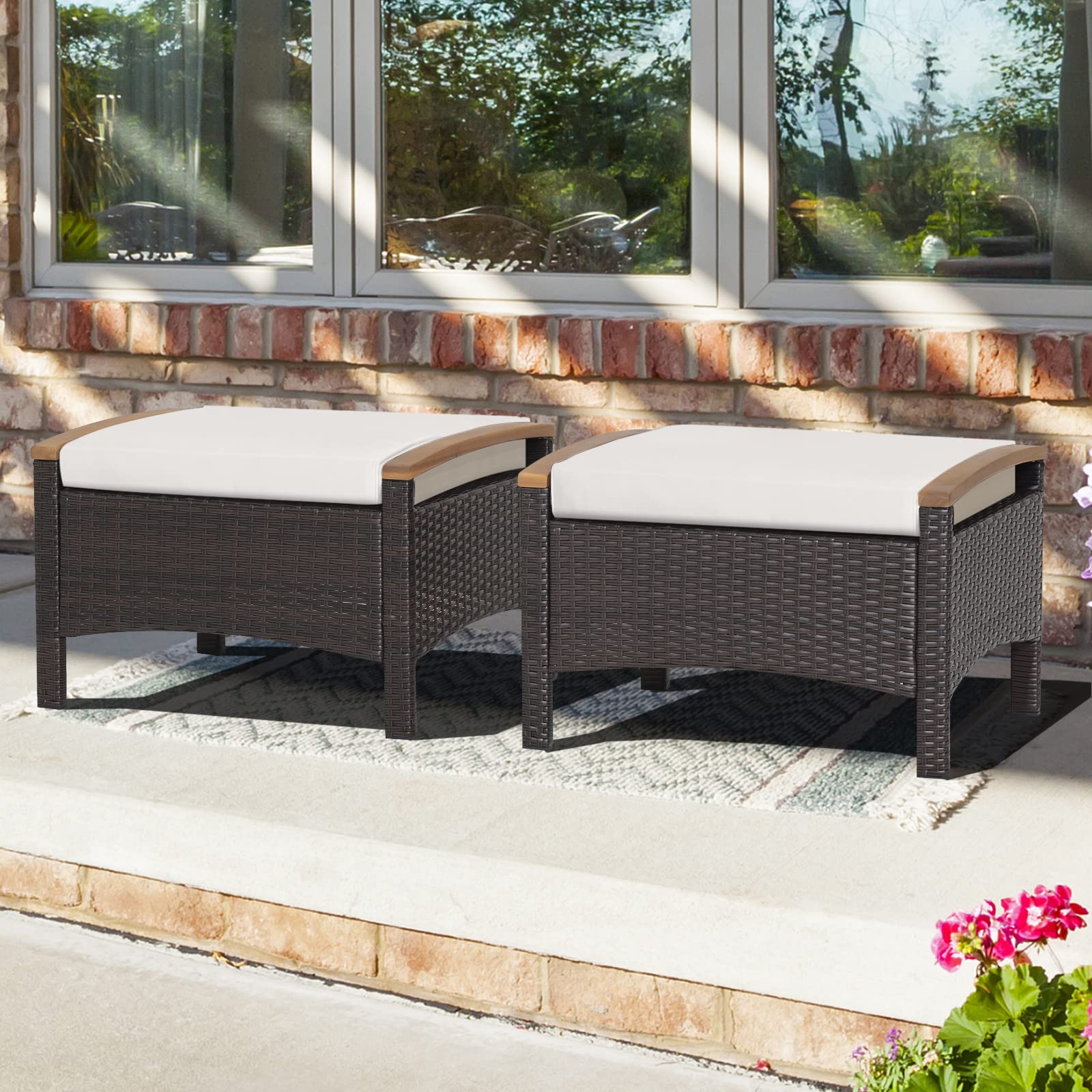 Oralner Outdoor Ottoman, Set Of 2 Rattan Footstools, All-Weather Wicker Foot Stools W/Removable Cushions, Patio Footrest Extra Seating For Porch, Poolside, Garden, Deck, Easy Assembly (Off White)