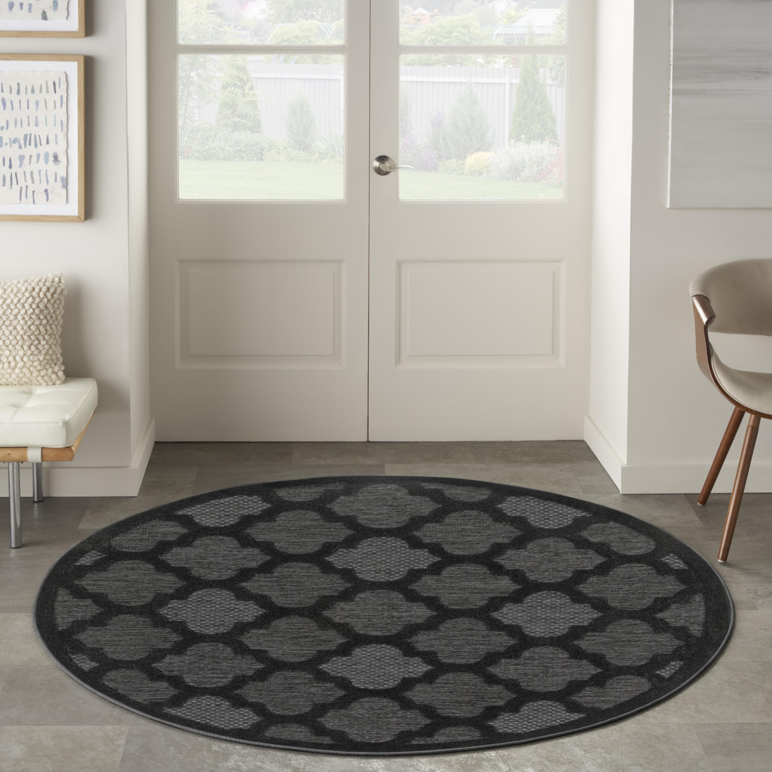 Nourison Easy Care Indoor/Outdoor Charcoal Black 5' X Round Area Rug, Easy Cleaning, Non Shedding, Bed Room, Living Room, Dining Room, Backyard, Deck, Patio (5 Round)