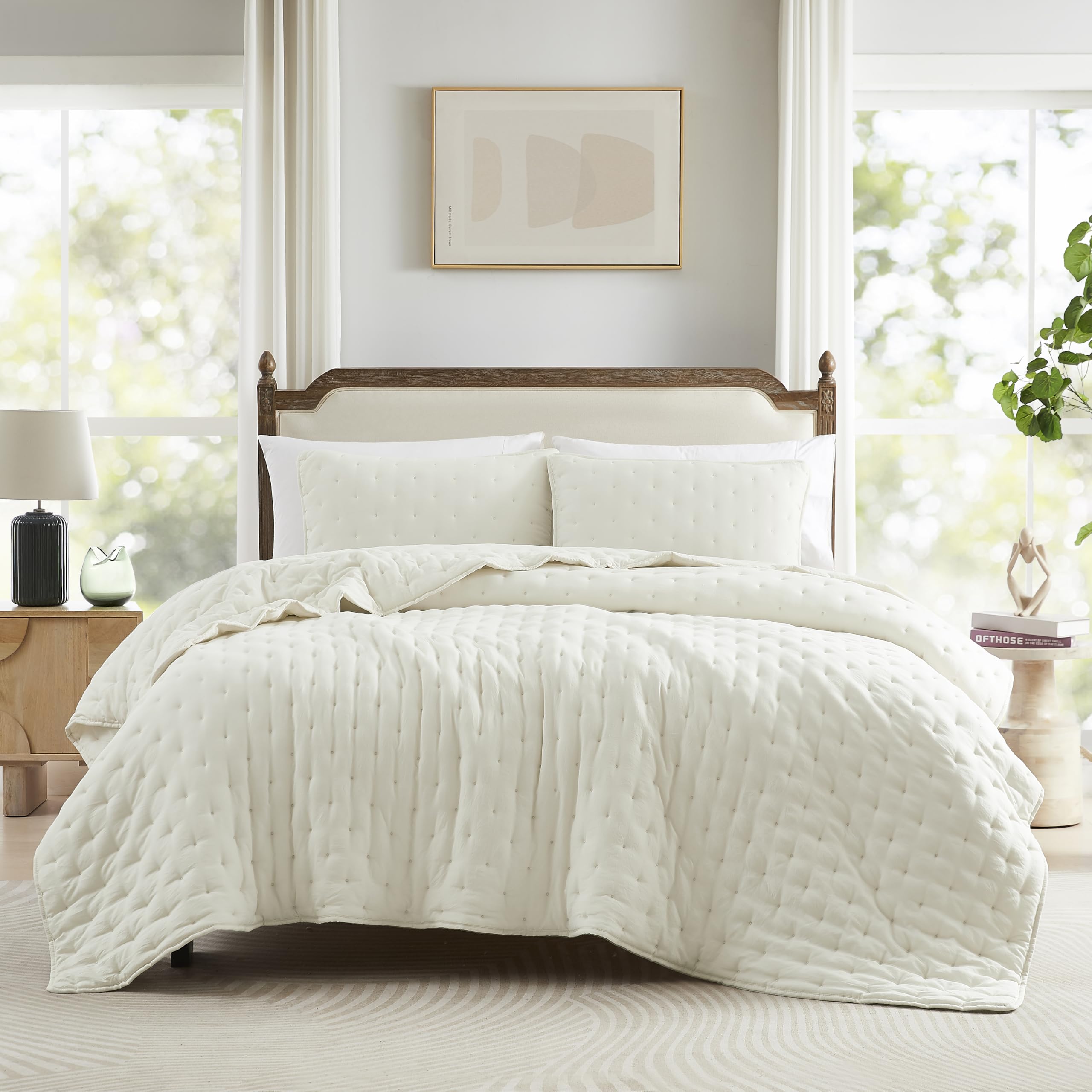 Wdcozy Ivory Cloud California Cal King Size Quilt Bedding Set With Pillow Shams, Cream White Puffy Cozy Lightweight Bedspread Co