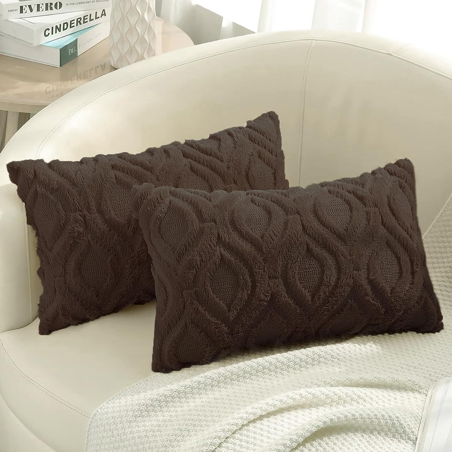 Decoruhome Decorative Throw Pillow Covers 12X20, Soft Plush Faux Wool Lumbar Couch Pillow Covers For Home, Set Of 2, Brown