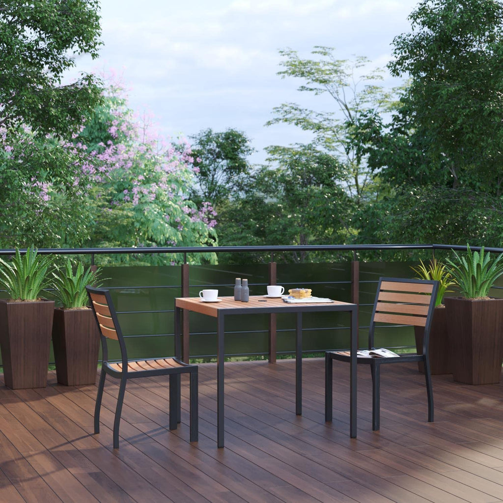 Flash Furniture Lark 3 Piece Patio Table Set - Synthetic Teak Poly Slats - 35" Square Steel Framed Table with 2 Faux Teak Chairs