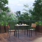 Flash Furniture Lark 3 Piece Patio Table Set - Synthetic Teak Poly Slats - 35" Square Steel Framed Table with 2 Faux Teak Chairs