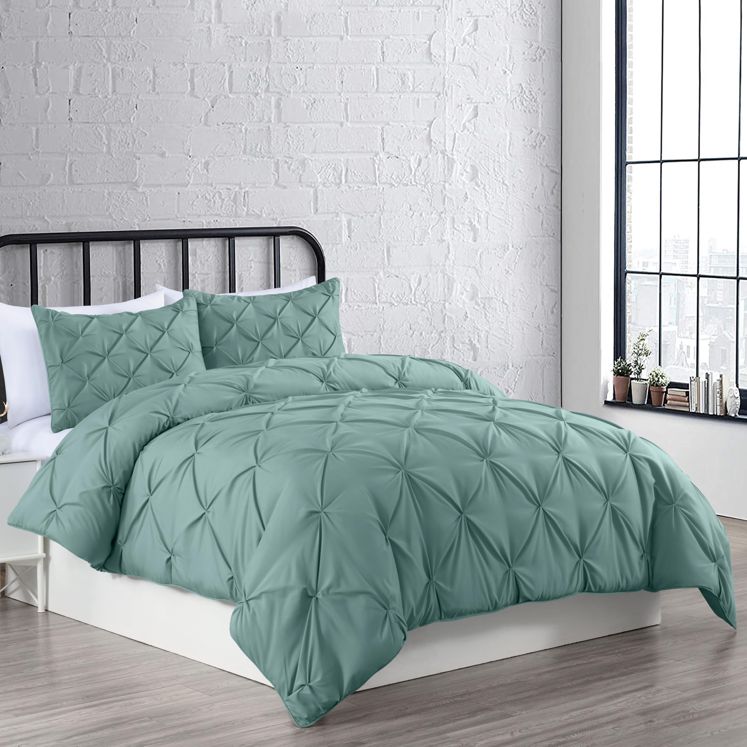 Chezmoi Collection Berlin Spa Blue Pinch Pleat Full Comforter Set, 3-Piece (Comforter And Pillow Shams) - Soft Pintuck, Lightwei