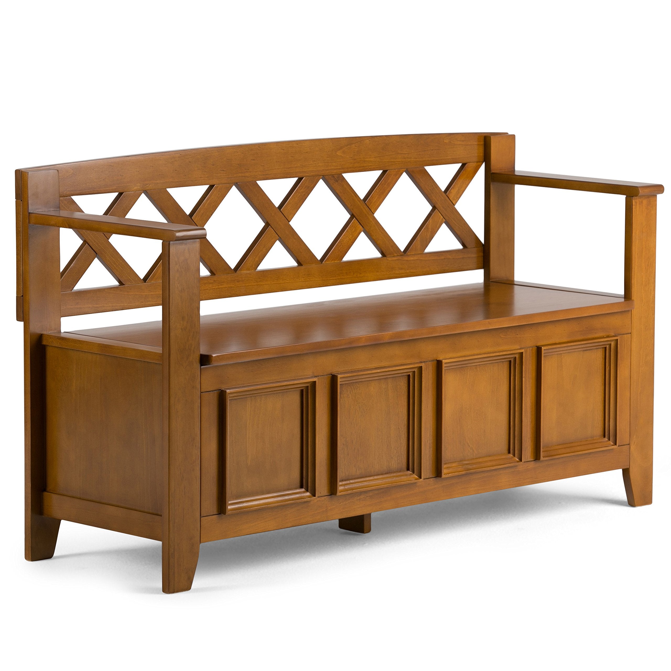 SIMPLIHOME Amherst Entryway Storage Bench - 48 inch Wide Solid Wood Hallway Seat in Light Avalon Brown, Transitional Bench for E
