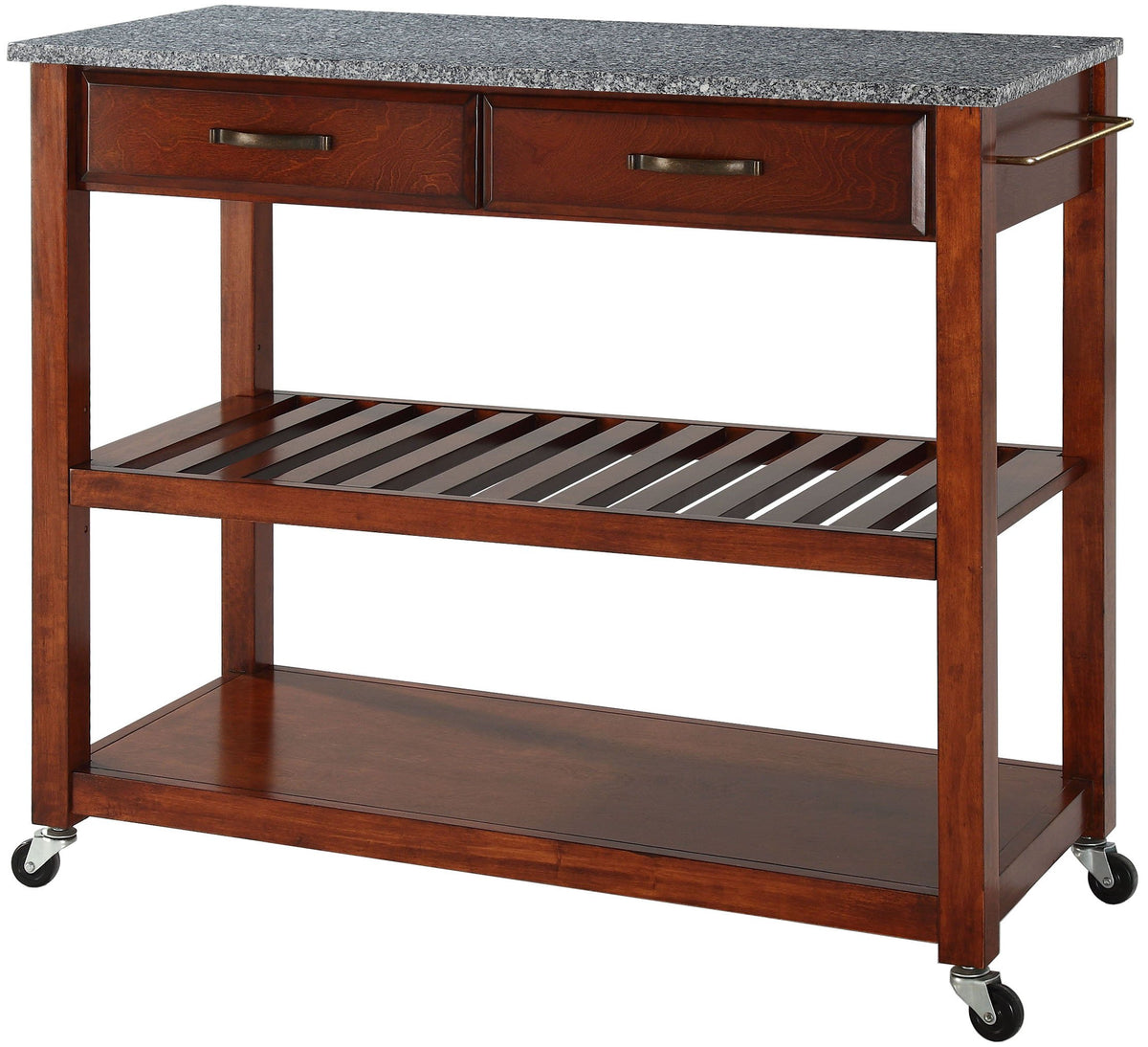 Crosley Furniture Granite Top Kitchen Prep Rolling Cart, Microwave Stand, Coffee Bar, With Shelves, Cherry