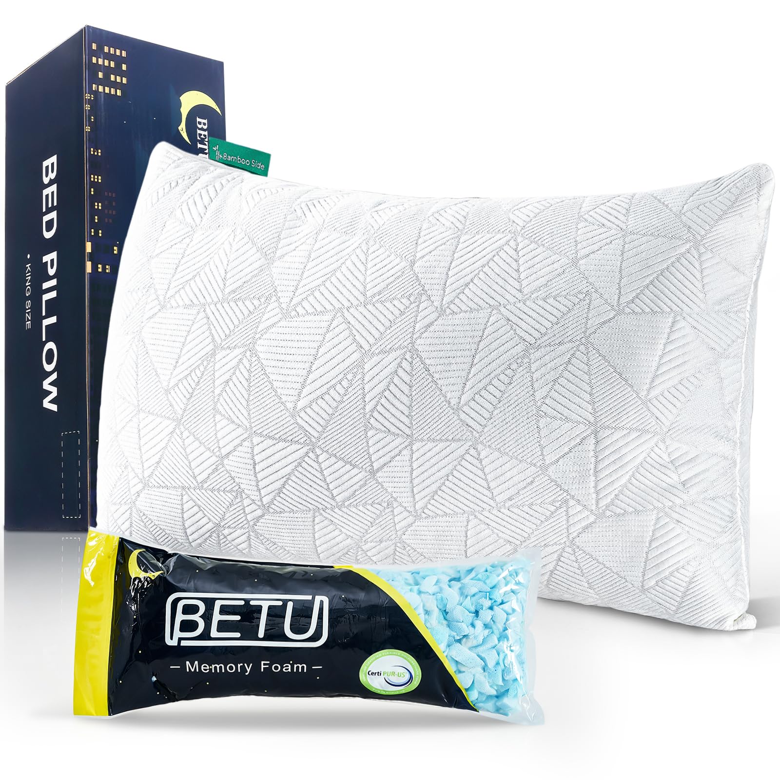 Betu Cooling Standard Pillow, Shredded Memory Foam Cool Pillow For Hot Sleepers, Adjustable Firm Soft Support Bed Pillows Perfec