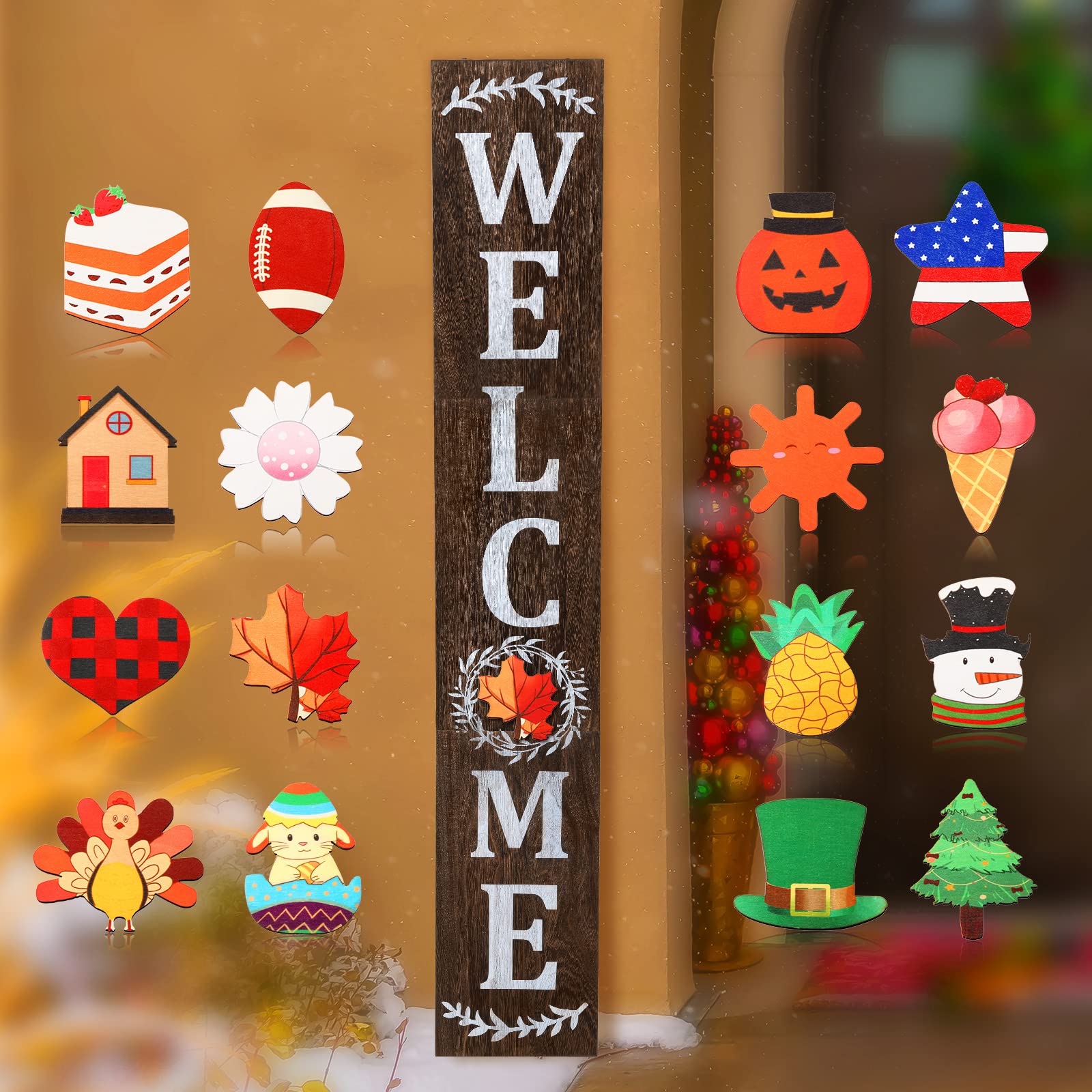 Jetec Welcome Sign for Front Door Interchangeable Wooden Welcome Porch Sign Hanging Outdoor Decoration Replaceable Wood Welcome 