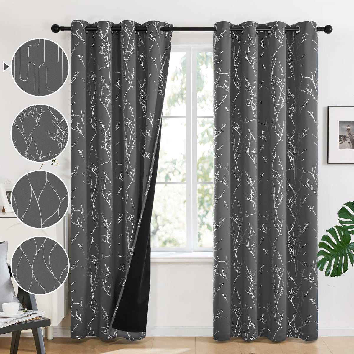 Deconovo 100% Blackout Curtains For Dining Room - Noise Reducing Drapes For Living Room, Grommet Curtains With Decorative Twigs