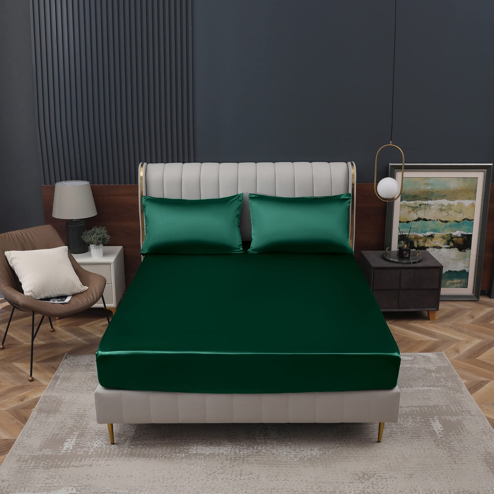 Homiest Blackish Green Satin Fitted Sheet Full Size Fitted Bed Sheet, Deep Pocket Fitted Sheet Only, Luxury & Ultra Soft Bedding Fitted Sheet Single Bottom Bed Sheets Sold Separately