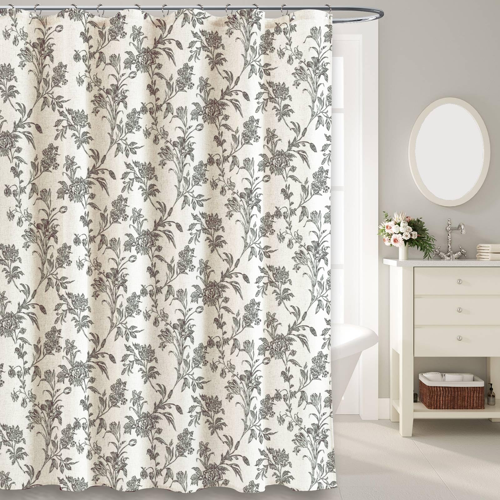 Black Shower Curtain Floral Cotton Linen Cottagecore Shower Curtain For Bathroom 72' W X 84' L