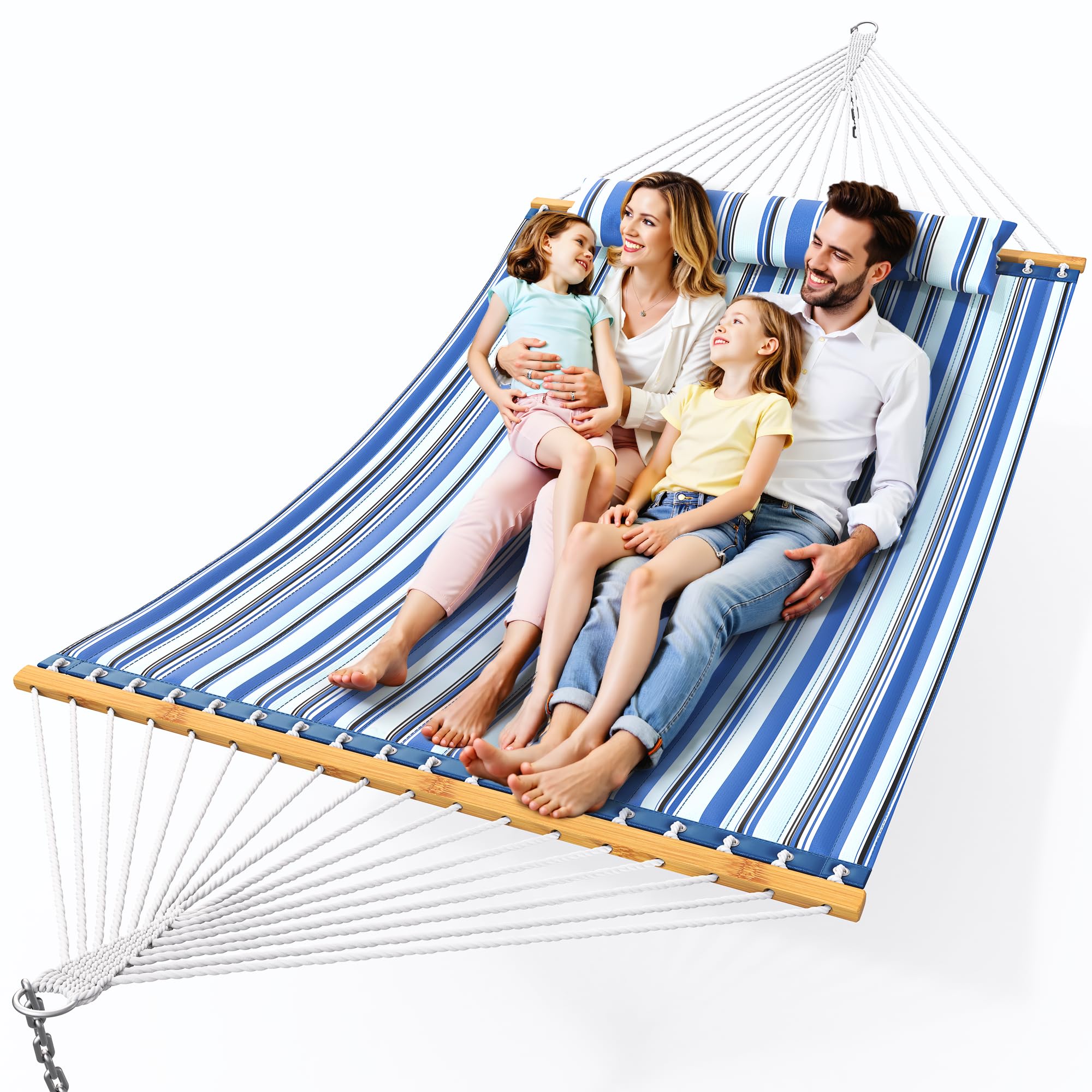 Everyfun Double Hammock with Spreader Bar,Soft Pillow,Max Load 500lbs,Portable Hammock for Outdoor,Camping,and Backyard,Blue
