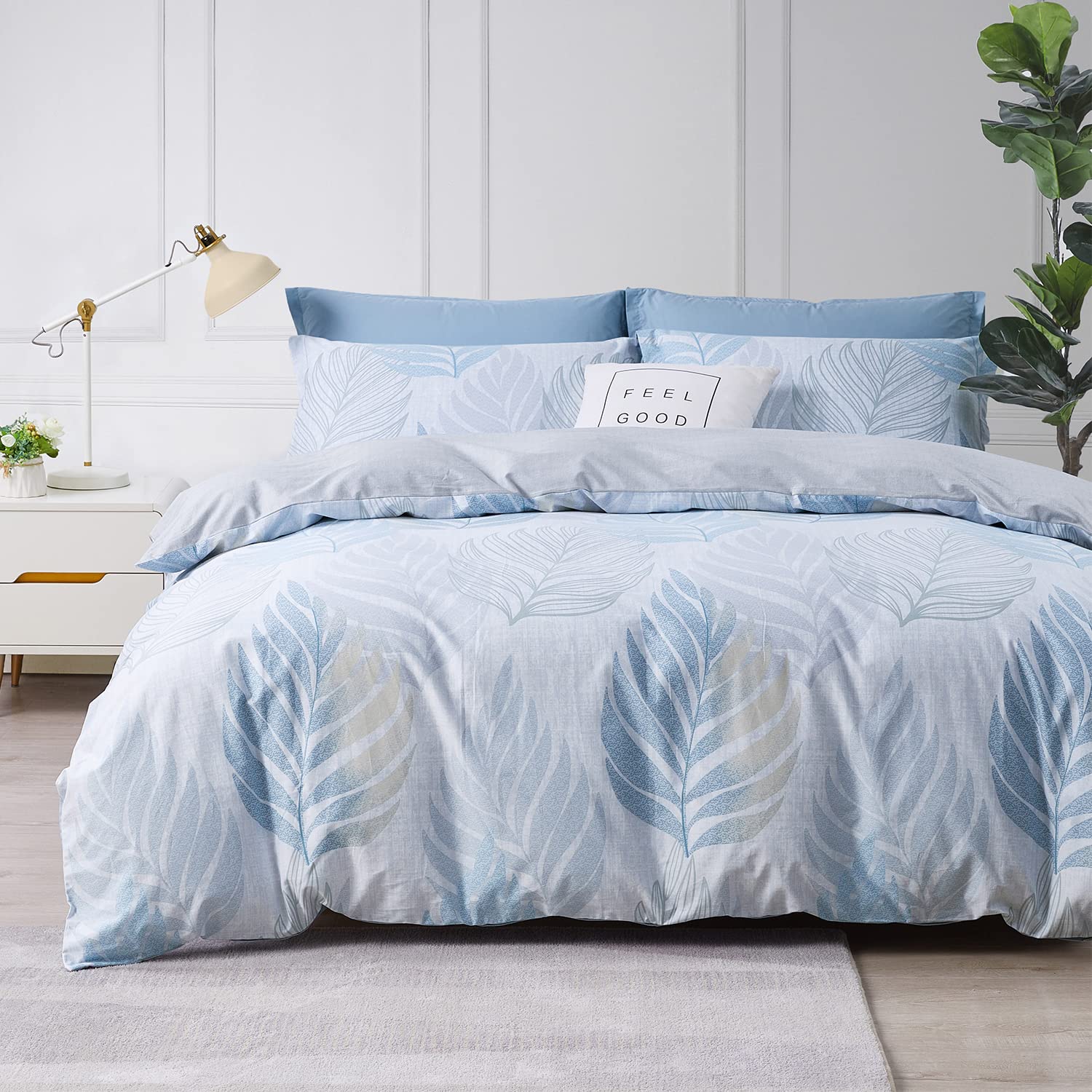 Saphreas Tropical Monstera Leaf Duvet Cover Set Queen Size Light Blue White Botanical Leaves Printed Bedding Comforter Cover Set