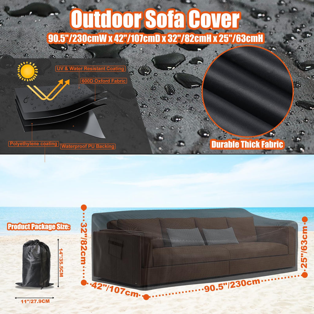 Likorlove 100% Waterproof Outdoor Sofa Cover, 90.5'' Wx 42'' Dx 32'' H Patio Furniture Covers Waterproof, Windproof 3-Seater Sof