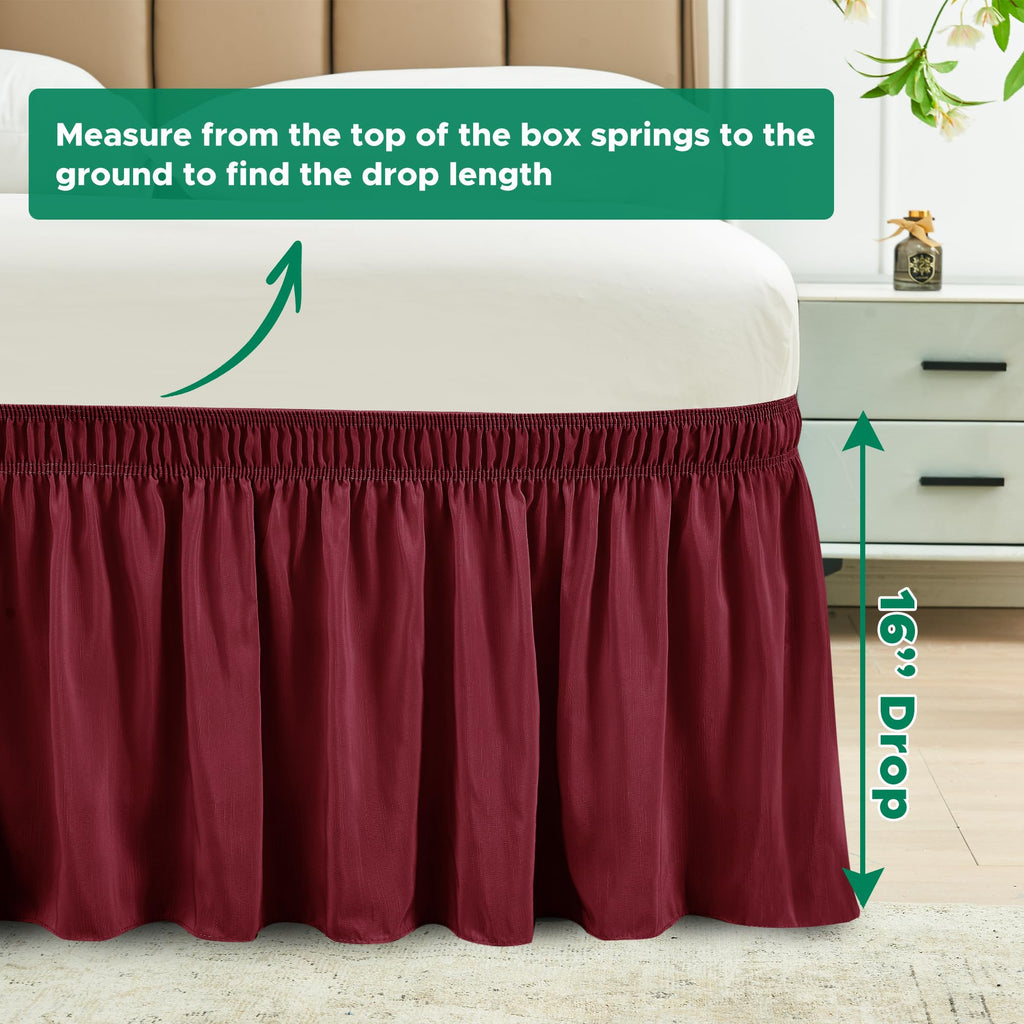 Biscaynebay Wrap Around Bed Skirts For King & Cal King Beds 16' Drop, Burgundy Adjustable Elastic Dust Ruffles Easy Fit Wrinkle & Fade Resistant Silky Luxurious Fabric Solid Machine Washable