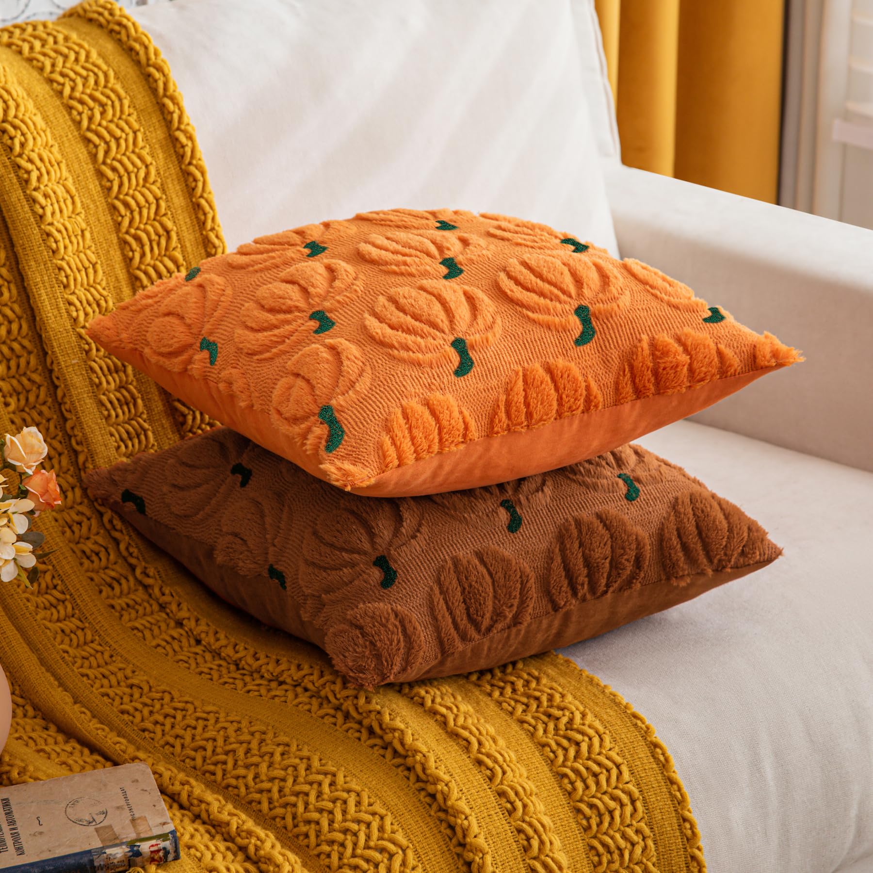 Cosibono Pumpkin Fall Decorative Throw Pillow Covers 18'X18', Set Of 2 Orange Green Soft Faux Fur Pillow Covers For Autumn Har