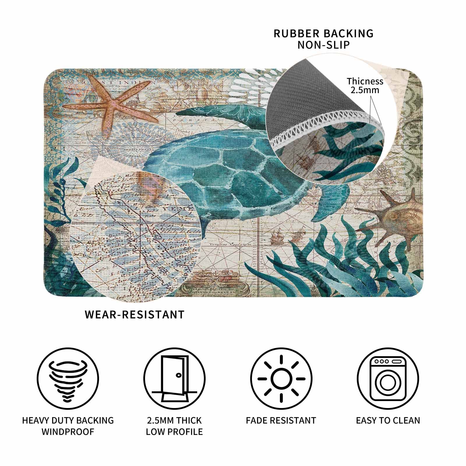 Coastal Blue Sea Turtle Nautical Map Doormat Welcome Mats Rugs Carpet Outdoor/Indoor For Home/Office/Bedroom, 18'X30'