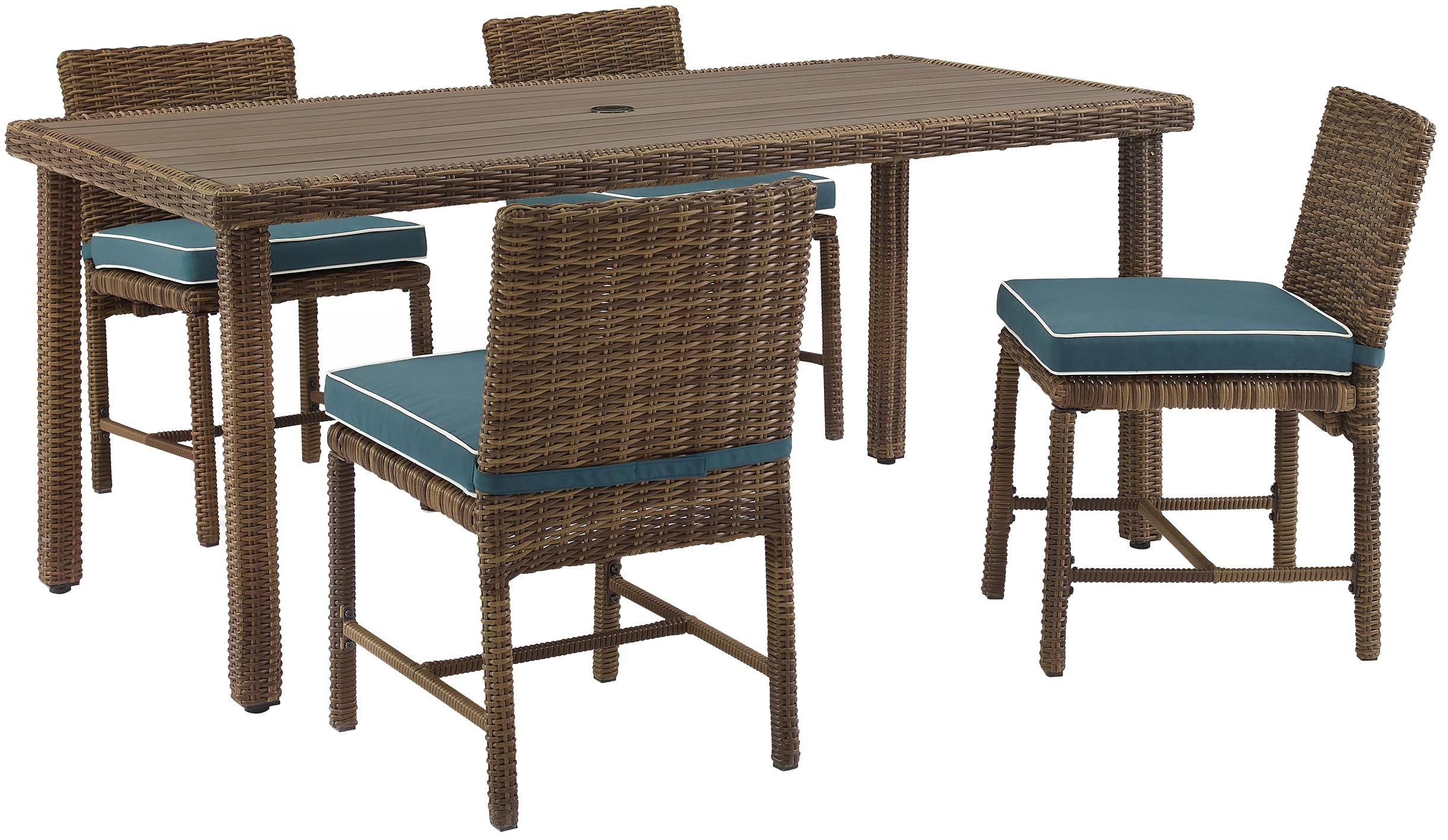 Crosley Furniture Bradenton 5-Piece Outdoor Dining Set For 4, Wicker Patio Table And Chairs For Backyard, Weathered Brown With Navy Cushions