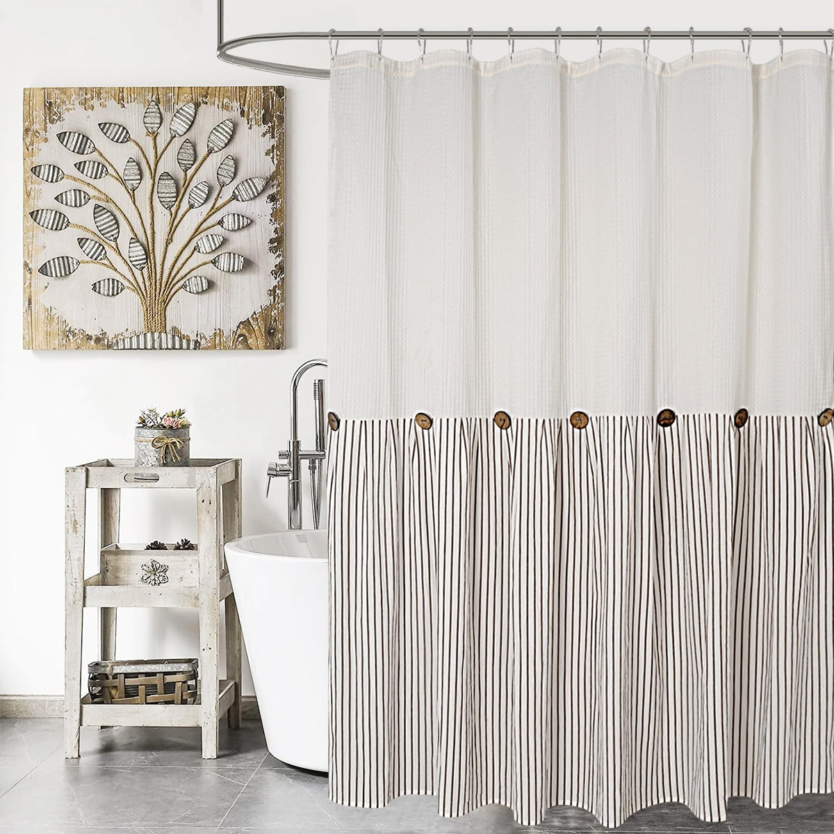 Dosly Id  Es Farmhouse Shower Curtain,Beige And Brown Striped,Button Curtain,Spa Waffle And Cotton Woven Fabric,Rustic Charm Cou