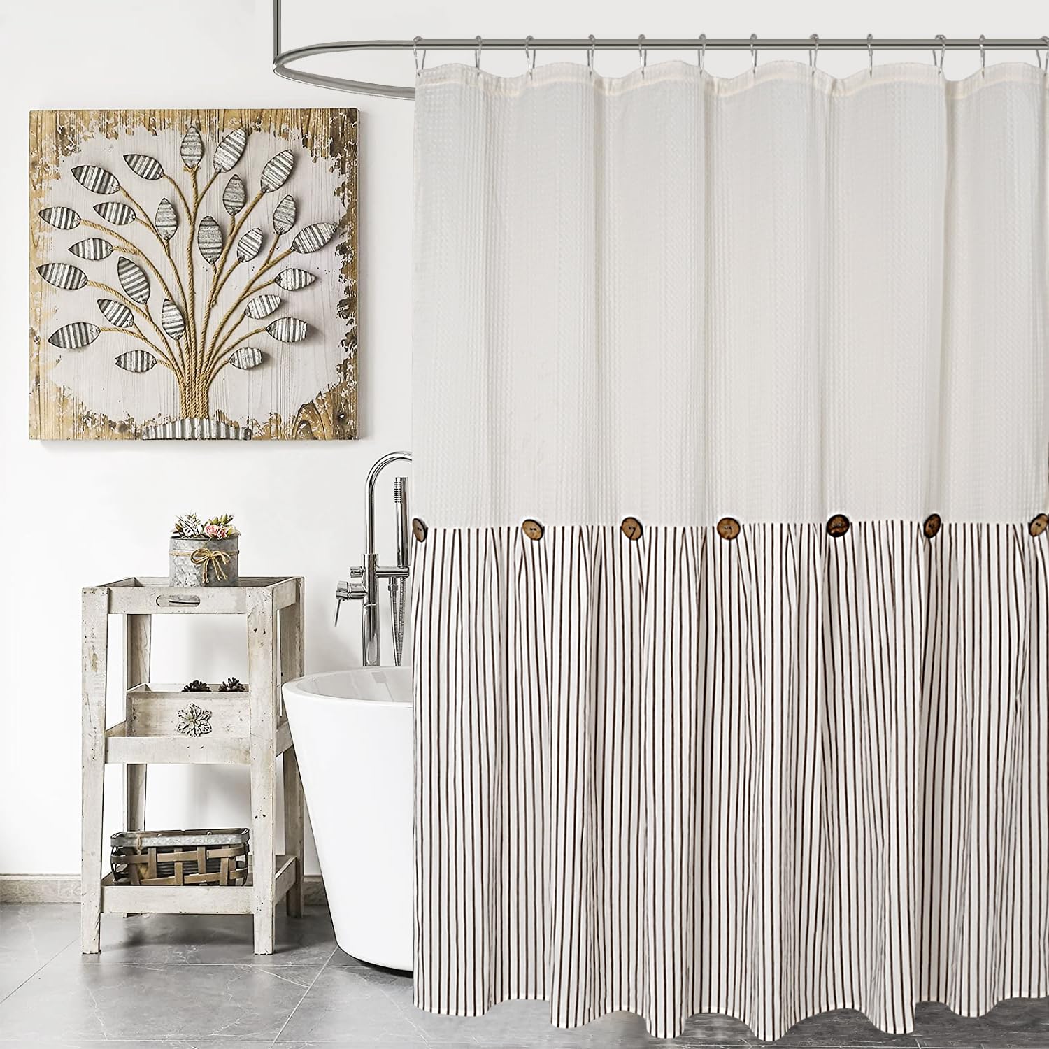 Dosly Id  Es Farmhouse Shower Curtain,Beige And Brown Striped,Button Curtain,Spa Waffle And Cotton Woven Fabric,Rustic Charm Cou