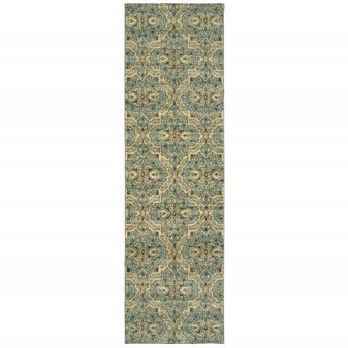 HomeRoots Polypropylene 2’x8’ Ivory and Blue Geometric Runner Rug