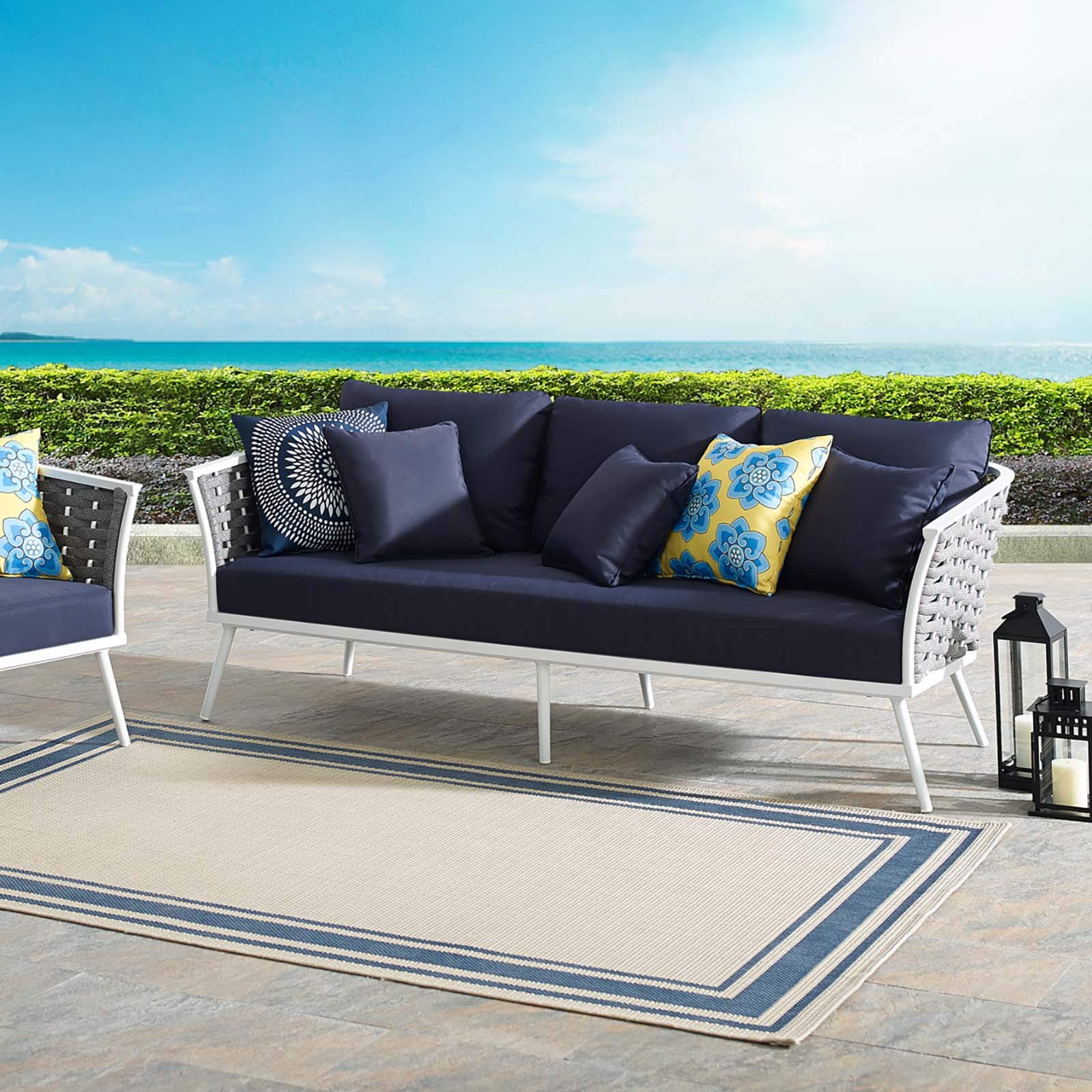 Modway Stance Outdoor Patio Contemporary Modern Woven Rope Sofa In White Navy