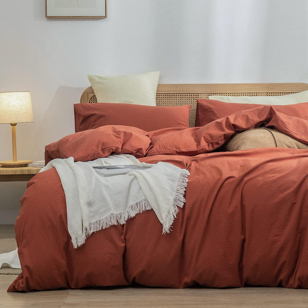 Bestouch Duvet Cover Set 100% Washed Cotton Linen Feel Super Soft Comfortable Chic Lightweight 3 Pcs Home Bedding Set Crimson Re