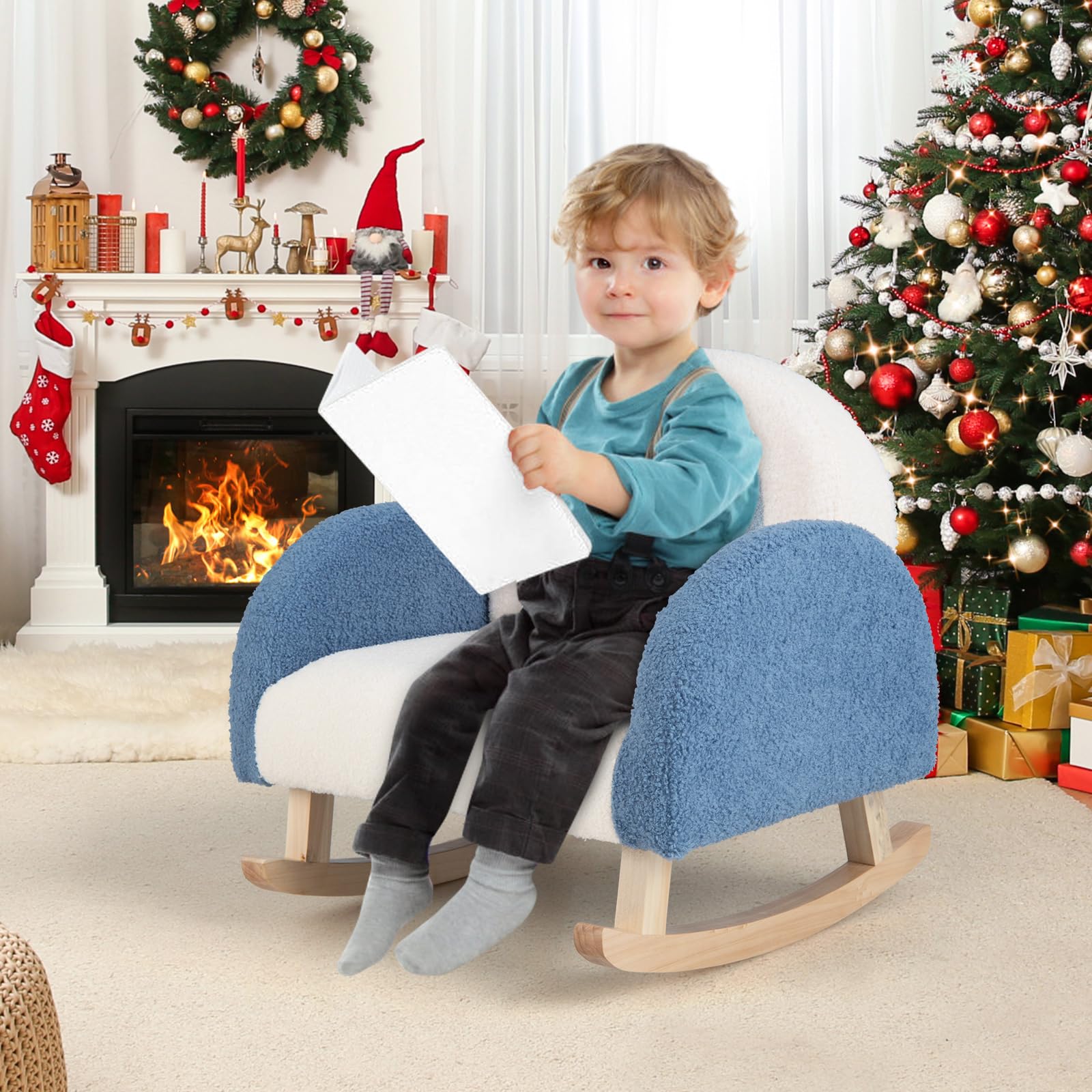 Honey Joy Toddler Rocking Chair, Kids Rocker Chair With Solid Wood Frame & Plush Fabric, Kids Furniture Sofa W/Anti-Tipping Design, Toddler Couch For Kids Room, Playroom, Nursery, Bedroom (Blue)