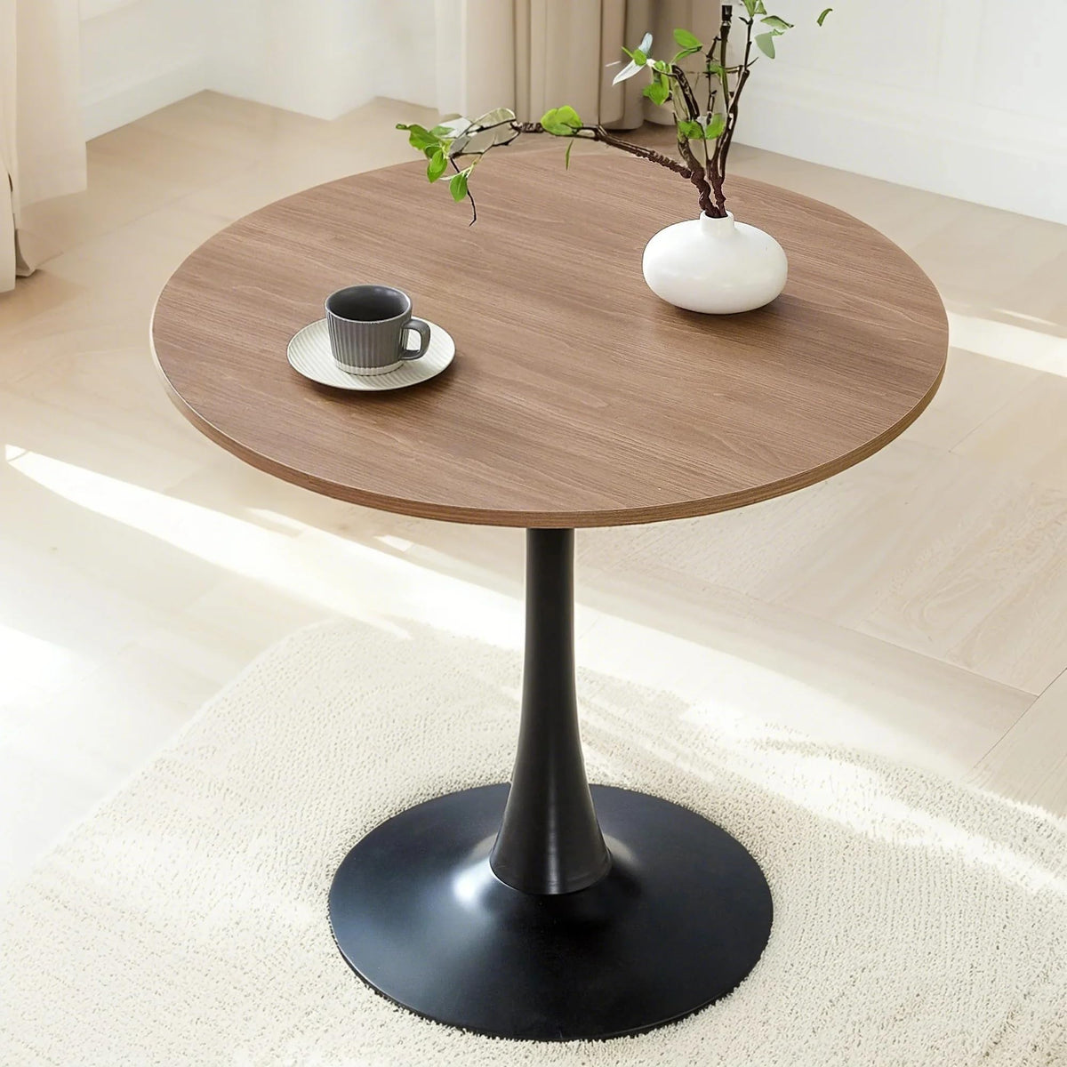 Round Dining Table For Small Space,32' Tulip Table With Metal Pedestal Base,Wood Modern Bistro Table For 2 To 4 Person For Apar
