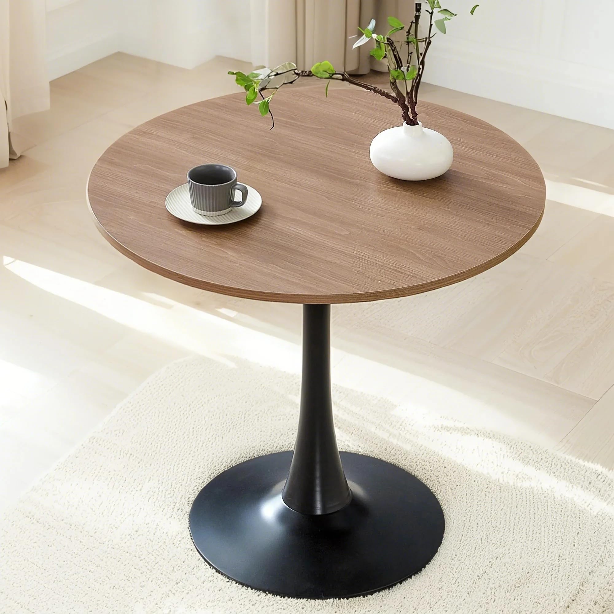 Round Dining Table For Small Space,32' Tulip Table With Metal Pedestal Base,Wood Modern Bistro Table For 2 To 4 Person For Apar