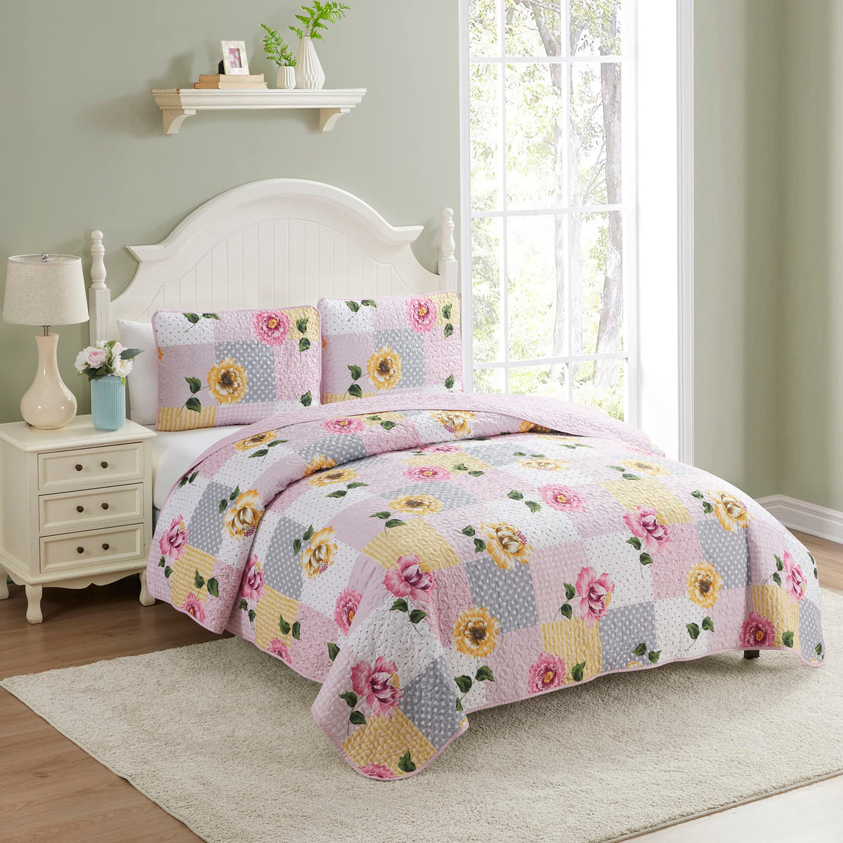 Sweet Home Collection Quilt Queen Size Embroidered Oversized Soft And Luxurious Patch Quilt Set With Shams, Queen, Floral Patchw