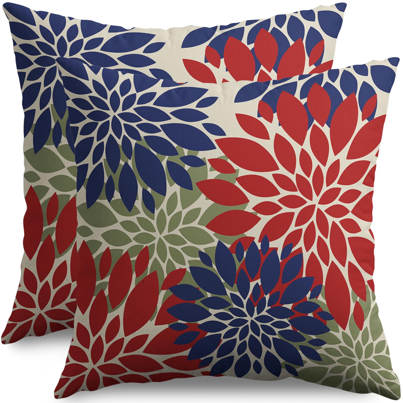 Smozenith 4Th Of July Pillow Covers 18X18 Inch Set Of 2, Patriotic Red Blue Green Dahlia Floral Print Holiday Decorative Throw P