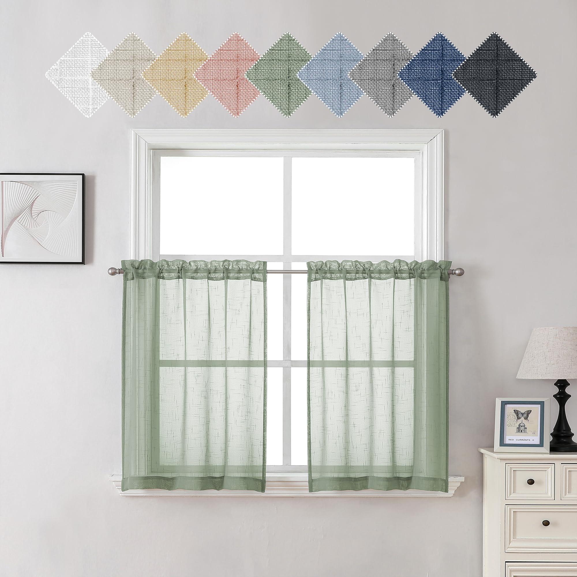 Aiyufeng Sheer Sage Green Kitchen Curtains 24 Inch Length 2 Pcs, Semi Sheer Linen Curtains For Bedroom, Faux Linen Textured Burl