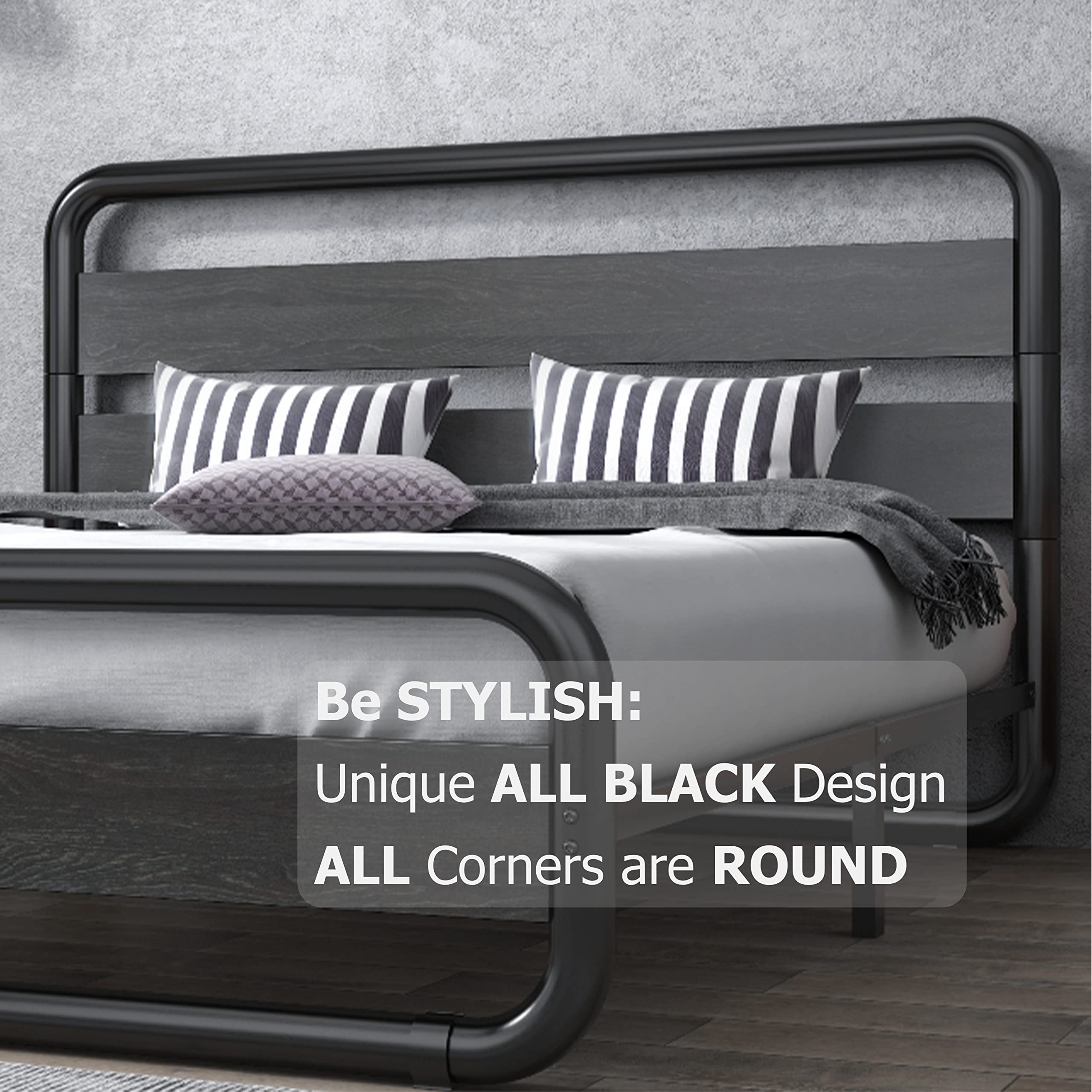 Sha Cerlin King Size Platform Bed Frame With Wooden Headboard And Footboard, Heavy Duty Metal Bed Frame With 10' Under-Bed Storage, Noise-Free, No Box Spring Needed, Black