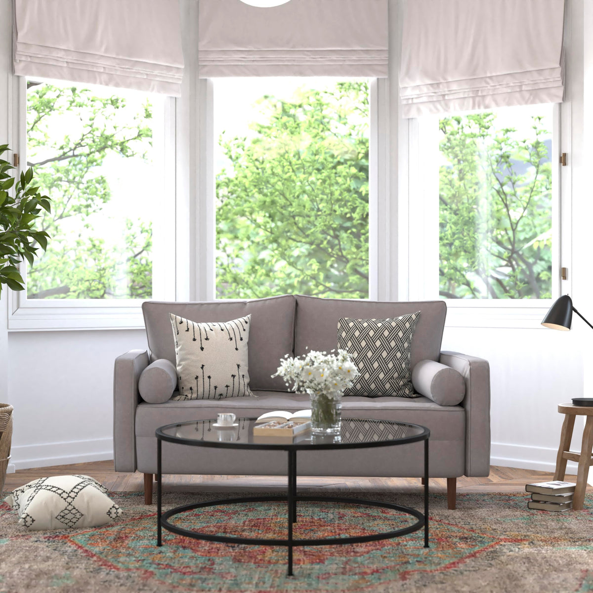 Flash Furniture Hudson Mid-Century Modern Loveseat - Slate Gray Faux Linen Upholstery - Buttonless Tufting - Wood Legs