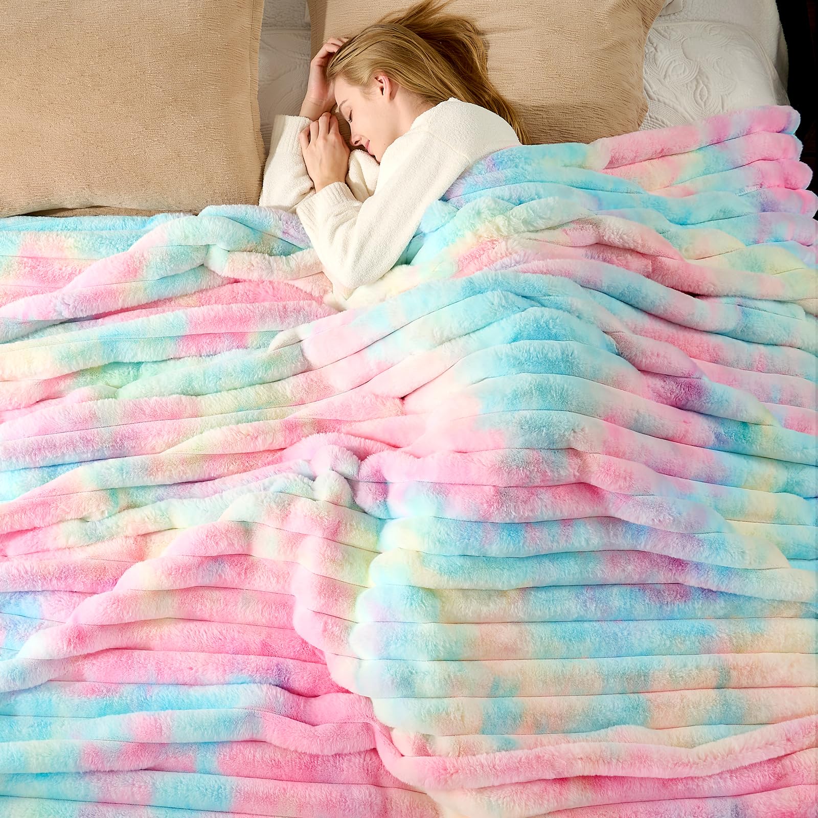 Cozy Bliss Faux Fur Throw Blanket for Couch, Cozy Warm Plush Striped Blanket for Sofa Bedroom Living Room, 90 * 90 InchesTie-dye