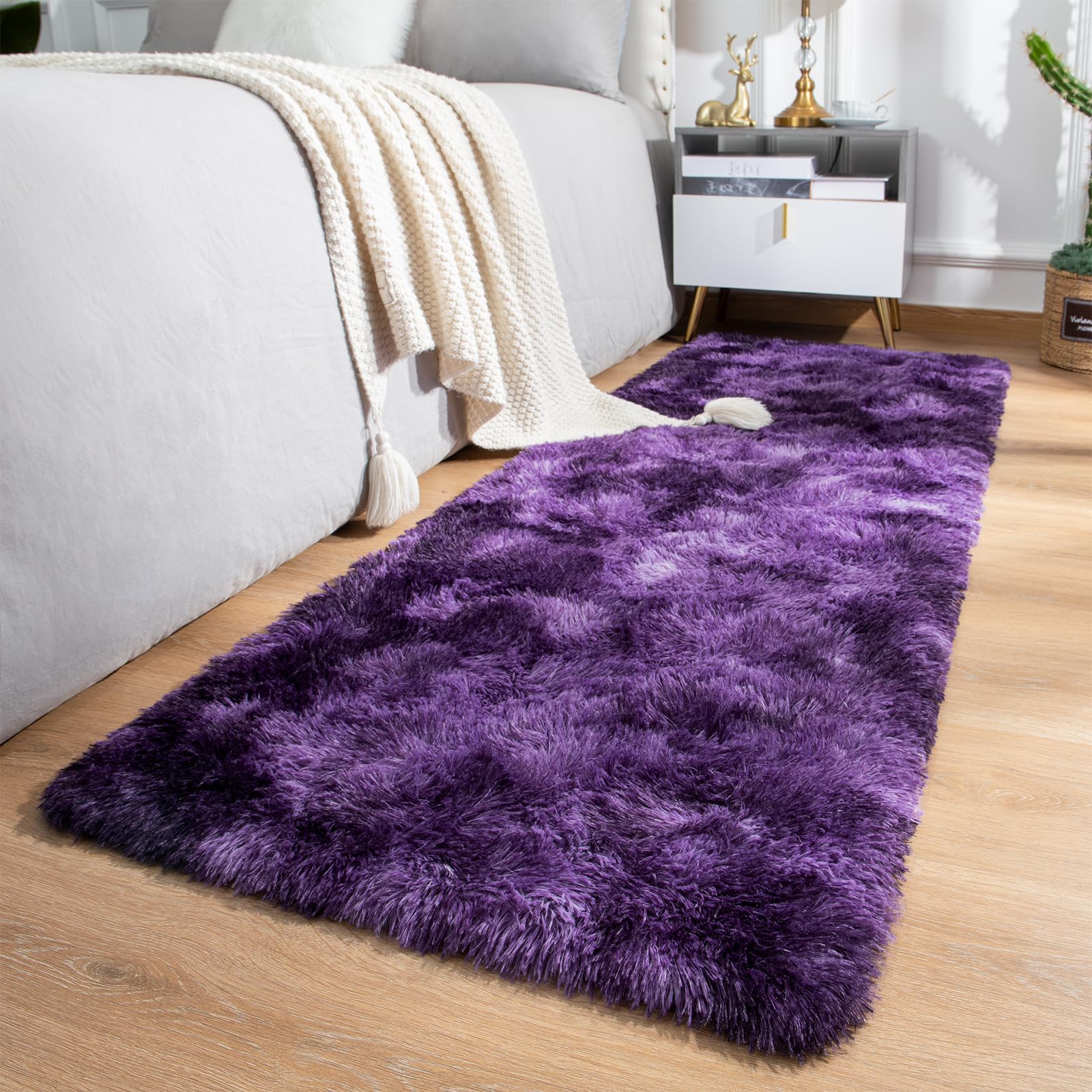 Softlife Area Rug for Bedroom, 2x6 Feet Runner Rug Plush Fluffy Rug for Living Room, Tie-Dyed Purple Shag Rug for Aesthetic Room