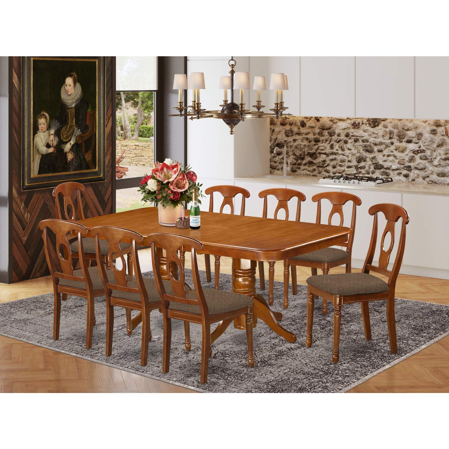East West Furniture NANA9-SBR-C Napoleon 9 Piece Kitchen Set Includes a Rectangle Table with Butterfly Leaf and 8 Linen Fabric Dining Room Chairs, 40x78 Inch
