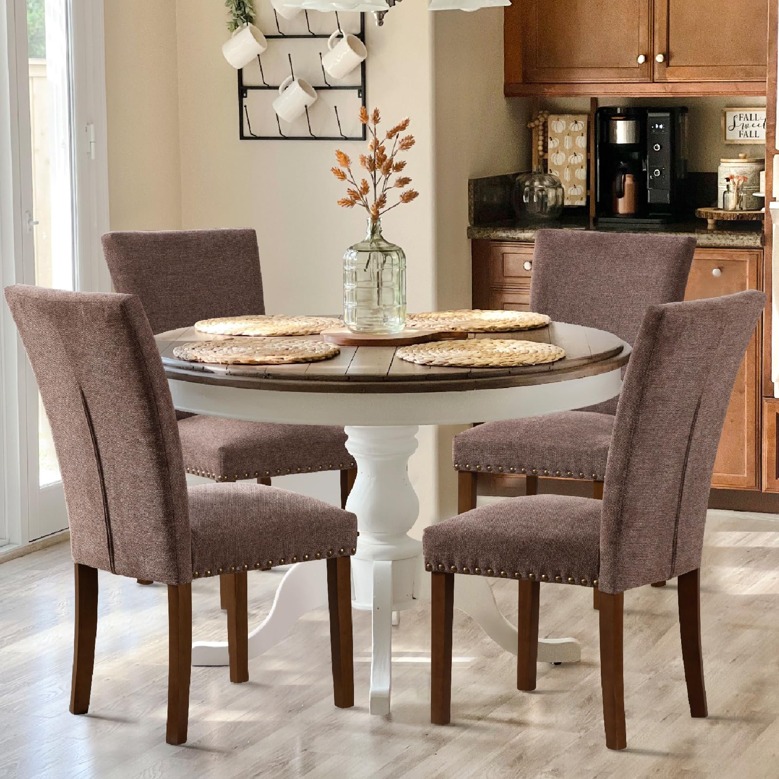 COLAMY Upholstered Parsons Dining Chairs Set of 4, Fabric Dining Room Kitchen Side Chair with Nailhead Trim and Wood Legs - Brow