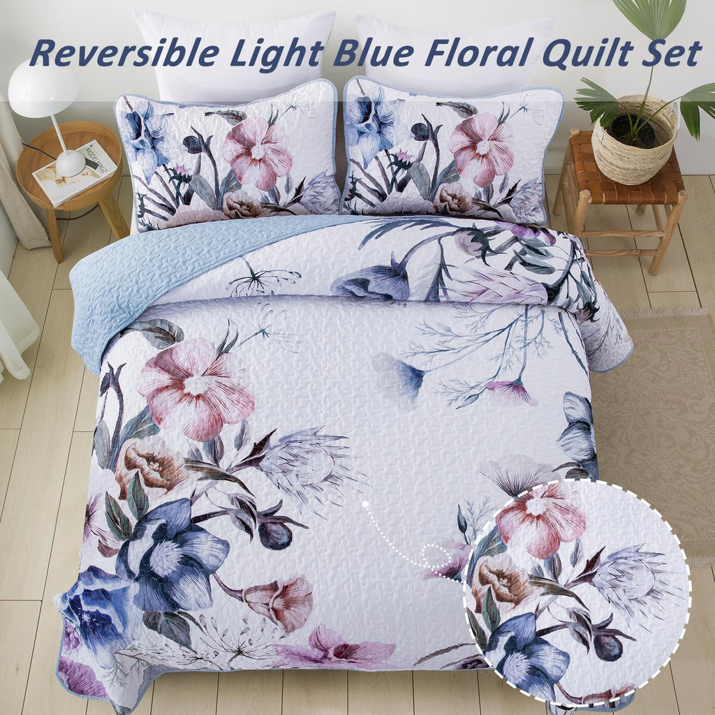 Drucon Floral Quilt Set King 3 Pieces Light Blue Floral Quilt Coverlet Set Soft Microfiber Lightweight Light Blue Quilted Bedspr