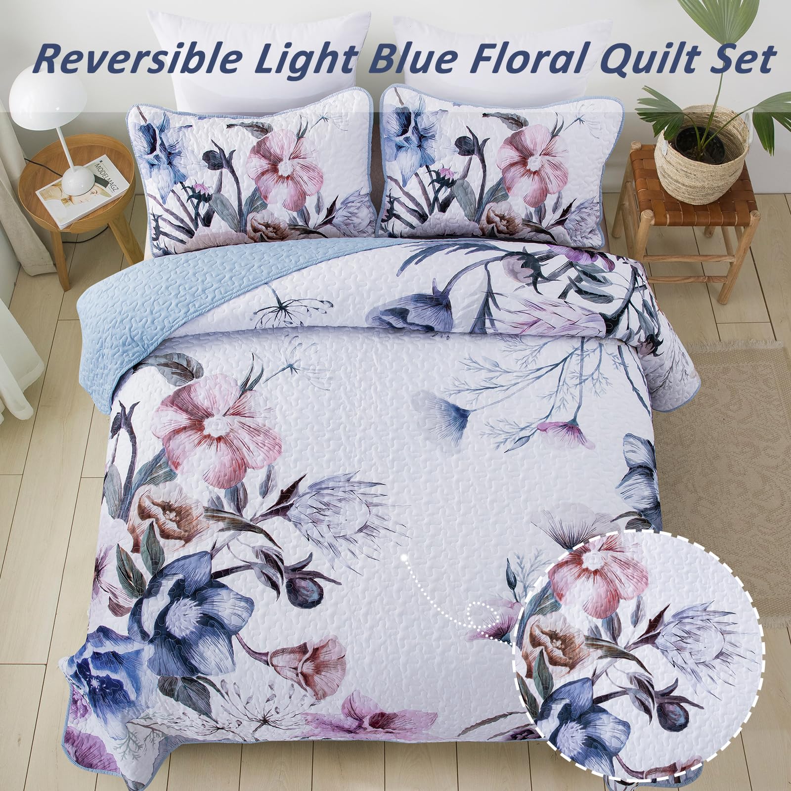 Drucon Floral Quilt Set King 3 Pieces Light Blue Floral Quilt Coverlet Set Soft Microfiber Lightweight Light Blue Quilted Bedspr