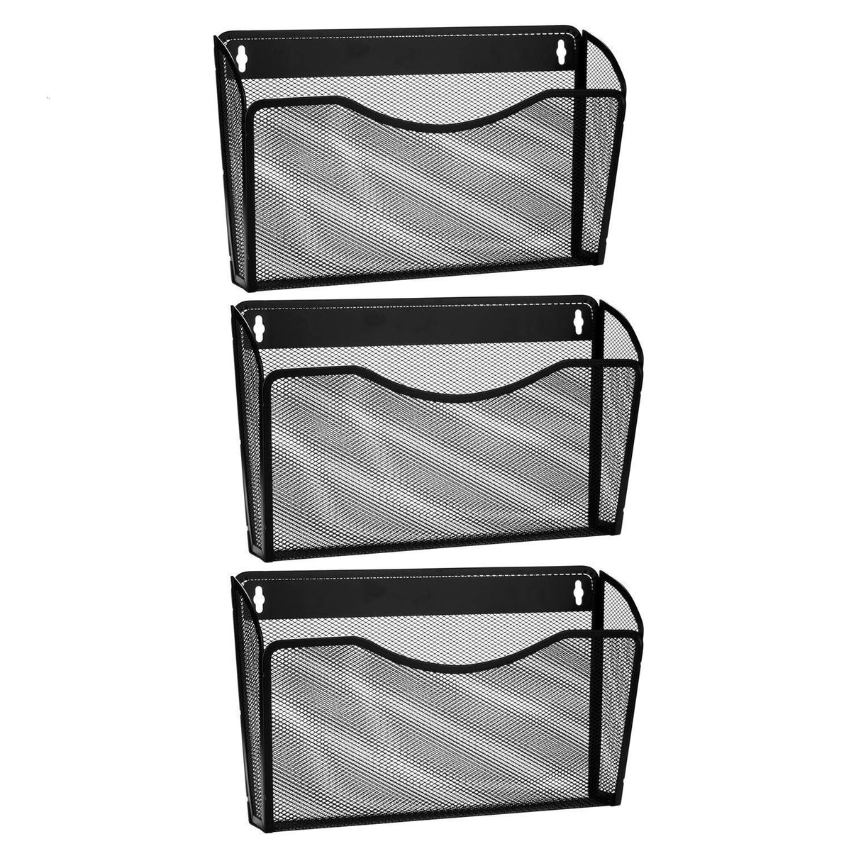 3 Pocket Wall Mount File Hanging Organizer, Metal Mesh Office Home Folder Binder Holder Magazine Mail Sorter Rack + Hardware, Bl