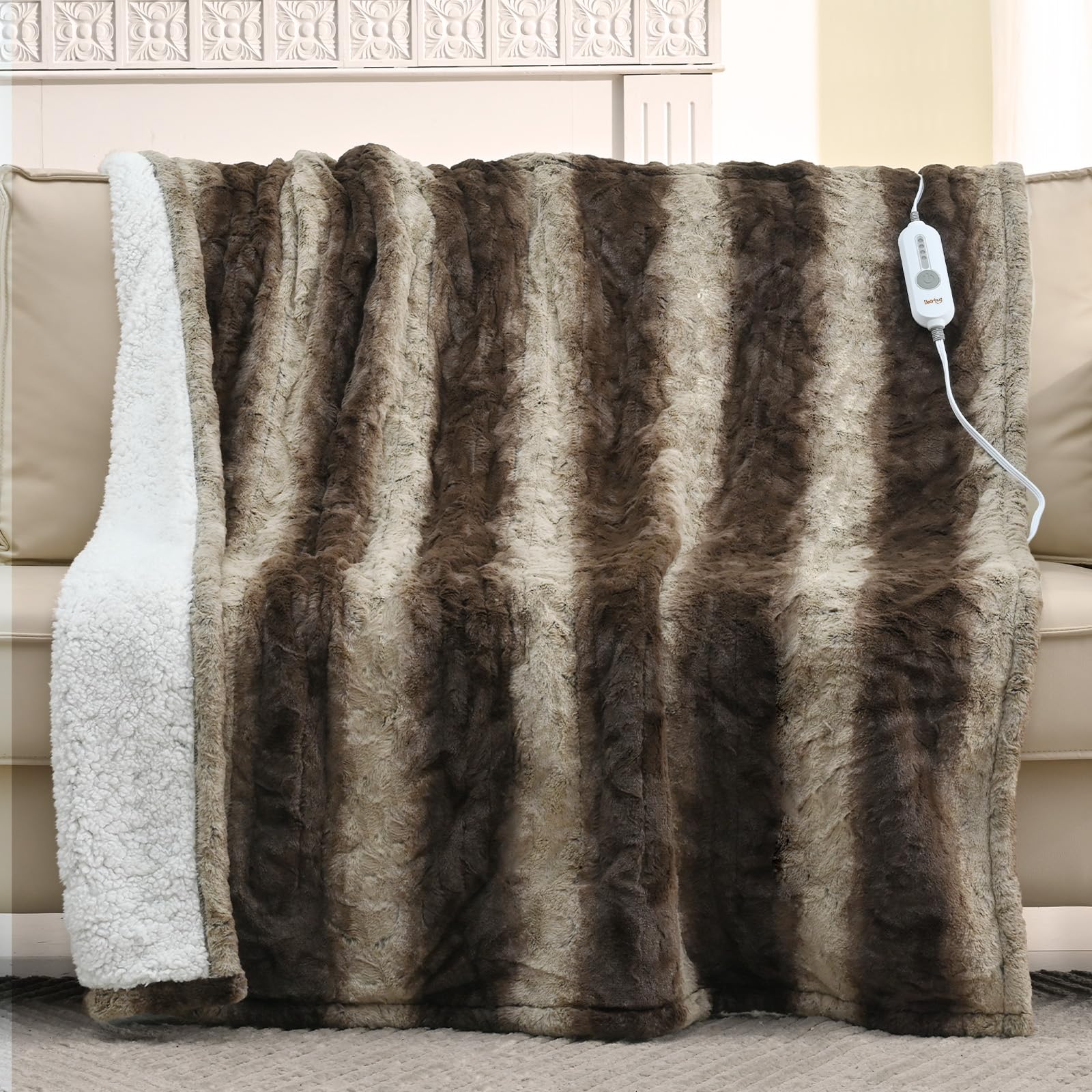 Bearhug Heated Throw Blanket, 50'  60' Electric Throw, Grey Flower Patterns Faux Fur & Warm Sherpa, 4H Auto-Off Timer & 6 Heat