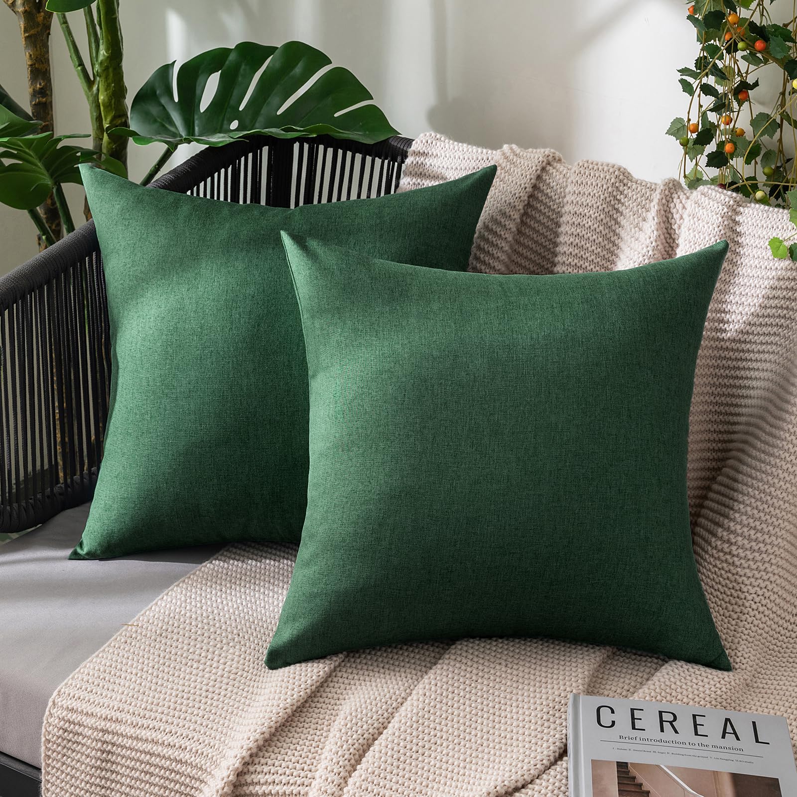 Miulee Pack Of 2 Decorative Outdoor Solid Waterproof Throw Pillow Covers Polyester Linen Garden Farmhouse Cushion Cases For Patio Tent Balcony Couch Sofa 20X20 Inch Emerald Green