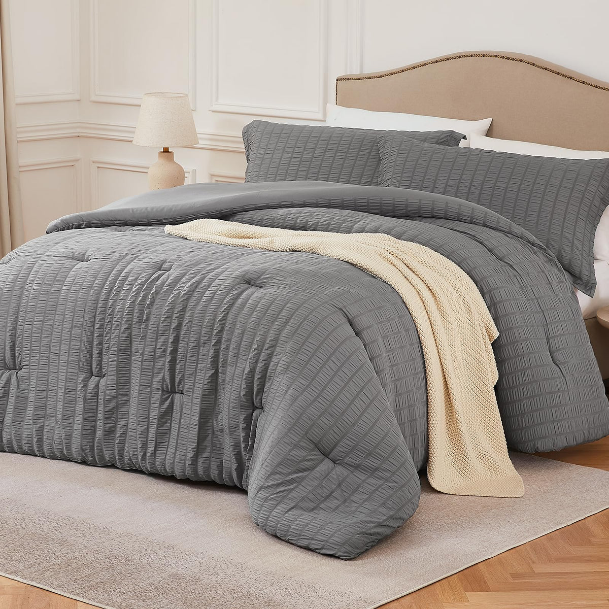 Quataly Grey Full Comforter Set - 3 Pieces Seersucker Lightweight Bedding Comforter Sets (1 Soft Fluffy Comforter & 2 Pillowcase