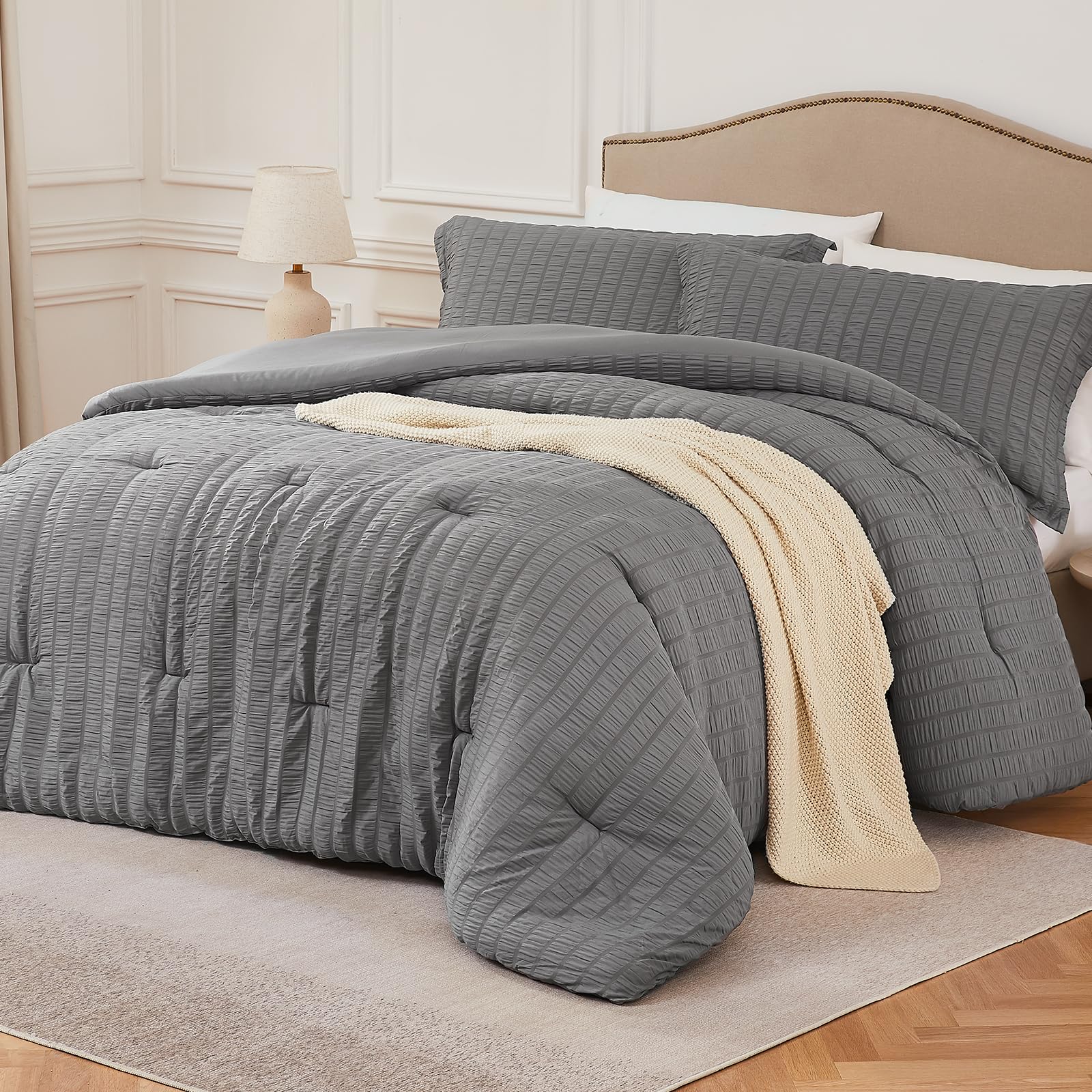 Quataly Grey Twin/Twin Xl Comforter Set - 2 Pieces Seersucker Lightweight Bedding Comforter Sets (1 Soft Fluffy Comforter & 1 Pi