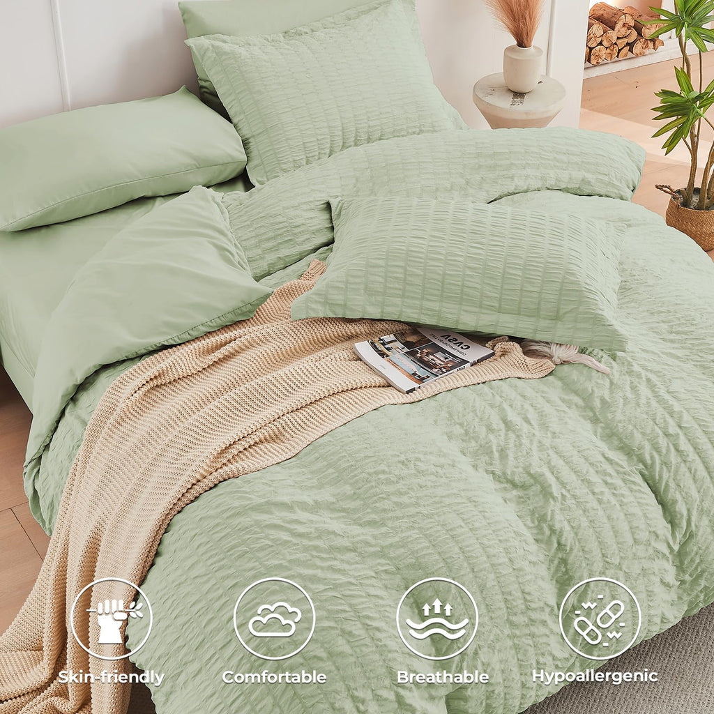 Hymokege Light Green Queen Comforter Set Seersucker 7 Pieces, All Season Luxury Bed In A Bag For Bedroom, Bedding Set With Comfo