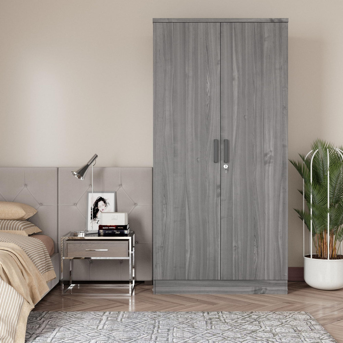 Woodpeckers Furniture And Mattress 2 Doors Wardrobe with Shelves (Grey)