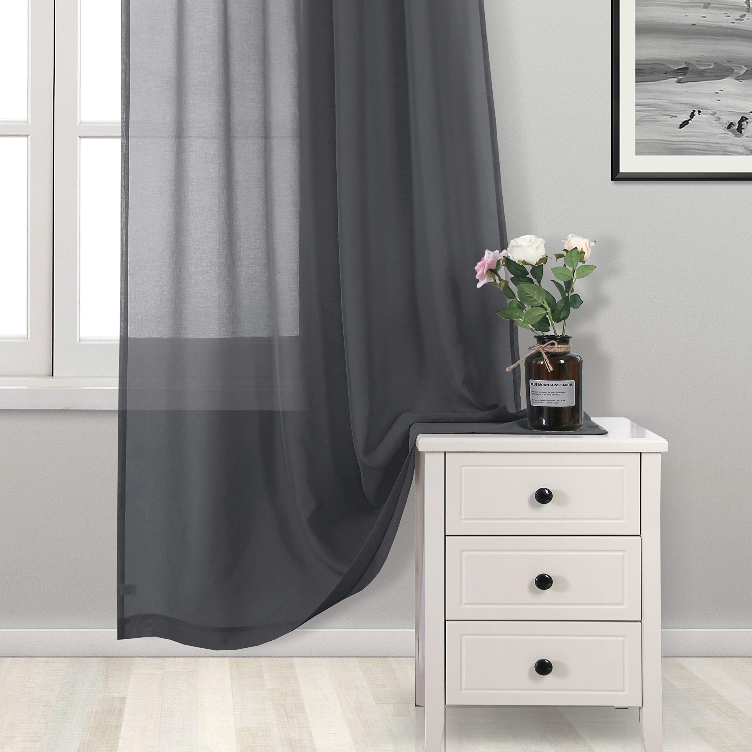 Dwcn Dark Grey Sheer Curtains For Living Room Bedroom - Faux Linen Look Voile Drapes Grommet Top Window Curtain Panel 52 X 84 In