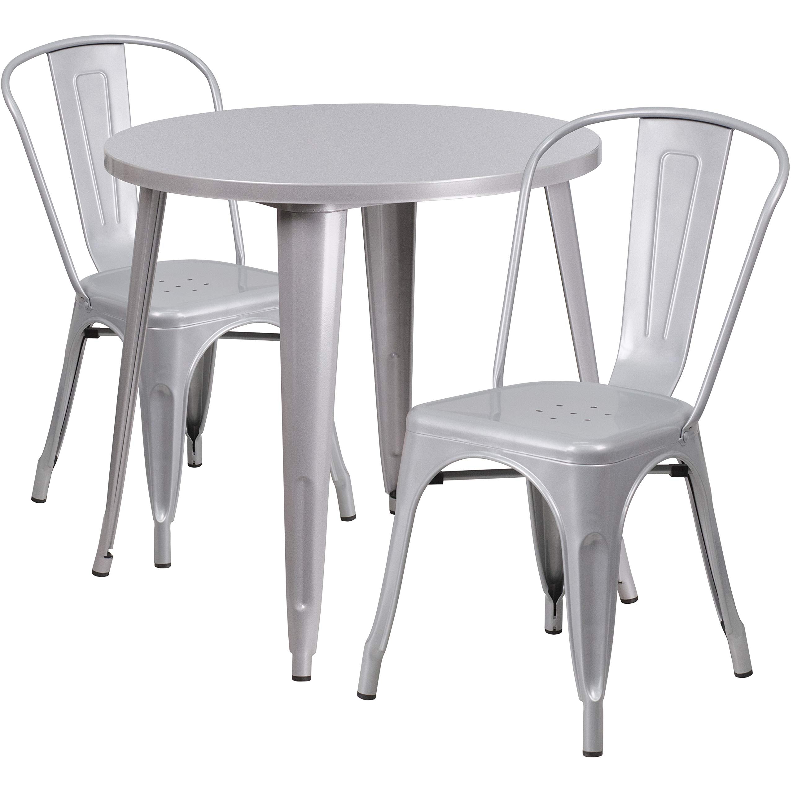 Flash Furniture Commercial Grade 30&quot; Round Silver Metal Indoor-Outdoor Table Set with 2 Cafe Chairs