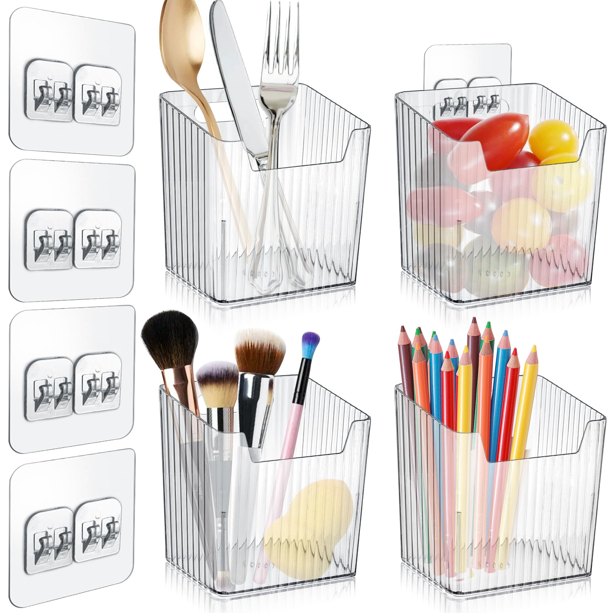 MZYIWUU 4 Pack Acrylic Wall Mount Organizer, Adhesive Cabinet Door Storage Bins, Clear Makeup Containers, Stackable Organizer Ba